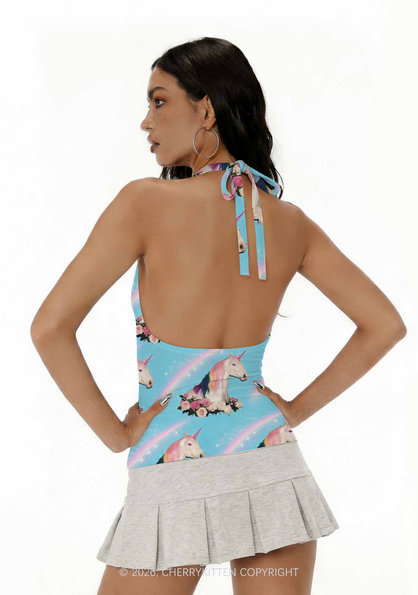 Blue Unicorn Y2K Print Halter Deep V Neck Cami Cherrykitten