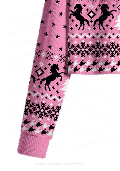 Ride A Mustache Y2K Christmas Crop Knit Sweatshirt Cherrykitten