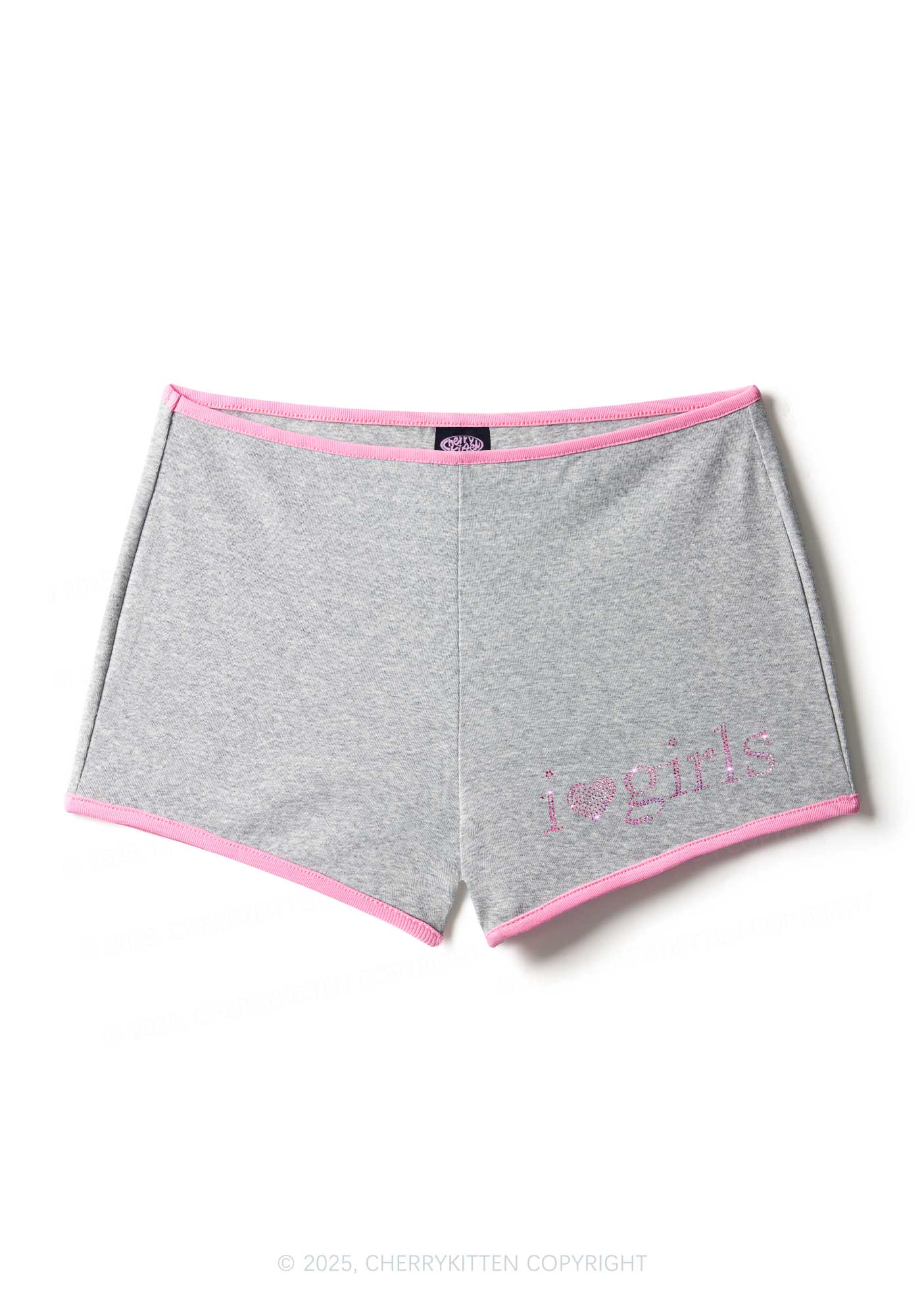 Rhinestone Pink I Love Girls Y2K Booty Shorts Cherrykitten