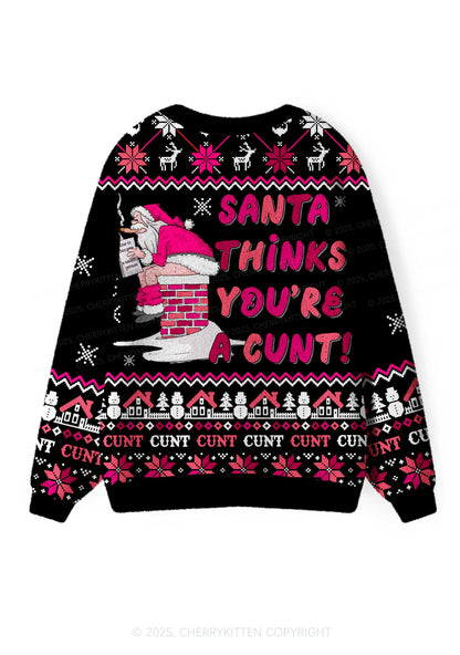 Santa Thinks Youre A Cxxt Y2K Christmas Cardigan Knit Sweatshirt Cherrykitten