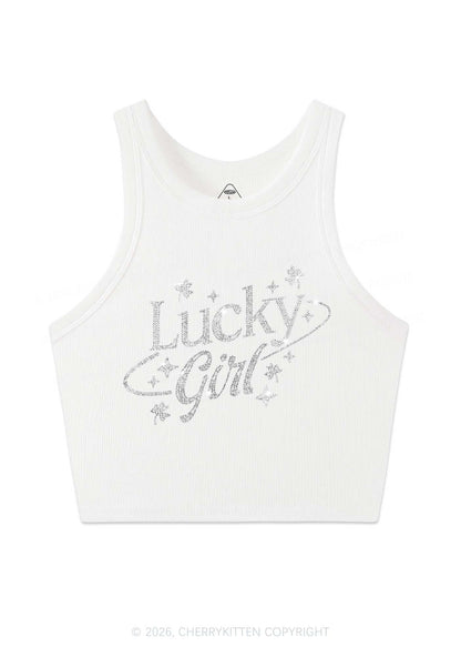 Rhinestone Lucky Girl St Patricks Y2K Crop Tank Top Cherrykitten