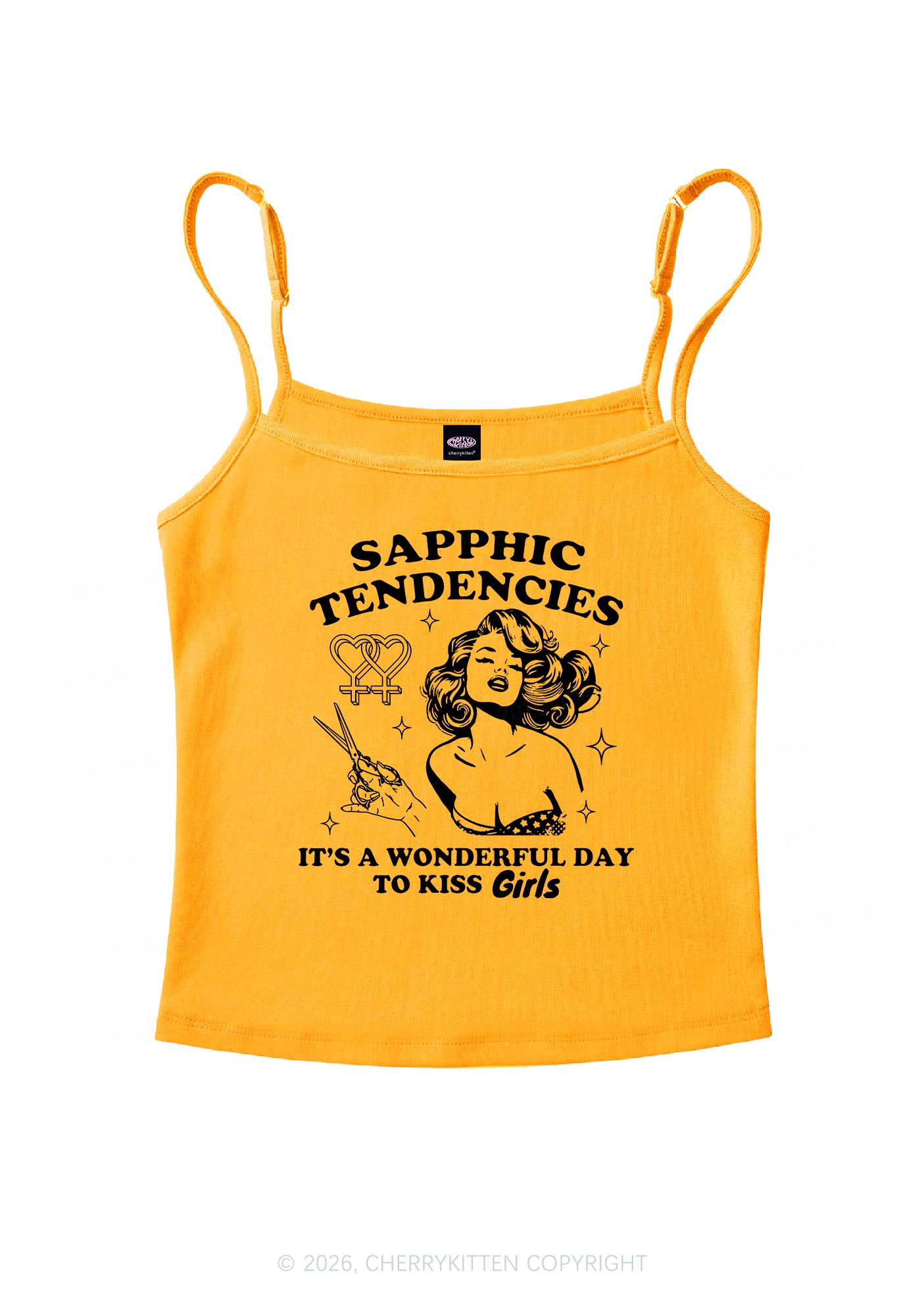 Sapphic Tendencies Kiss Girls Pride Y2K Spaghetti Strap Cami Cherrykitten