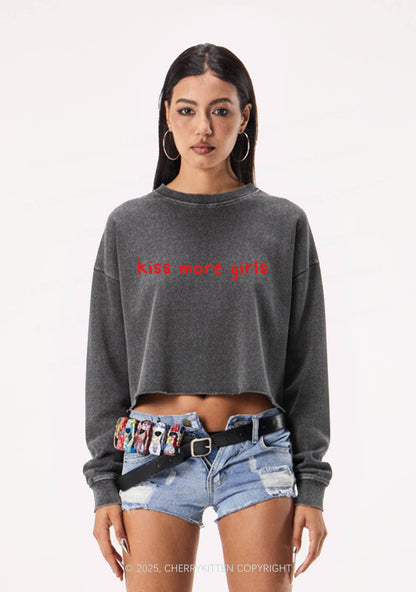 Kiss More Girls Y2K Crop Washed Sweatshirts Cherrykitten