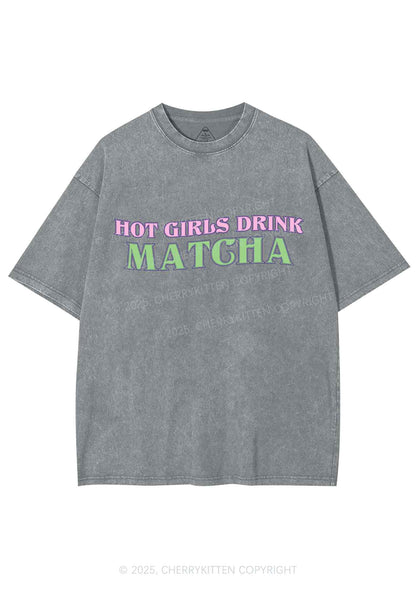 Hot Girls Drink Matcha Y2K Shirts Washed Tee Cherrykitten