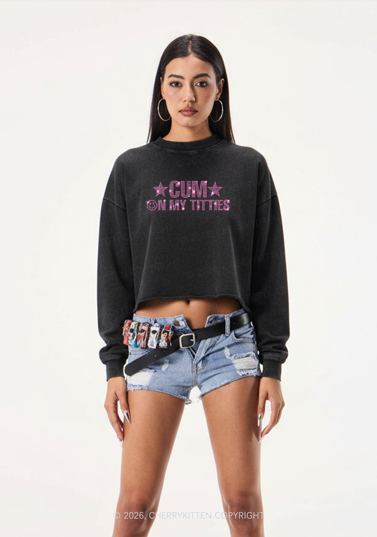 Rhinestone Cxm On My Txtties Y2K Crop Washed Sweatshirts Cherrykitten