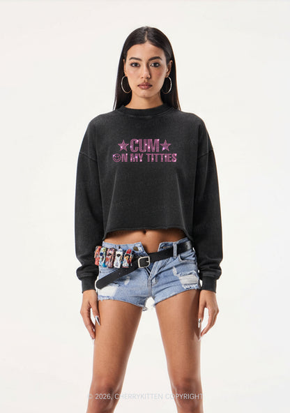 Rhinestone Cxm On My Txtties Y2K Crop Washed Sweatshirts Cherrykitten