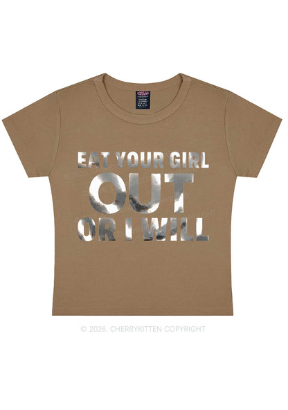 Eat Your Girl Out Silver Foil Printed Y2K Baby Tee Cherrykitten