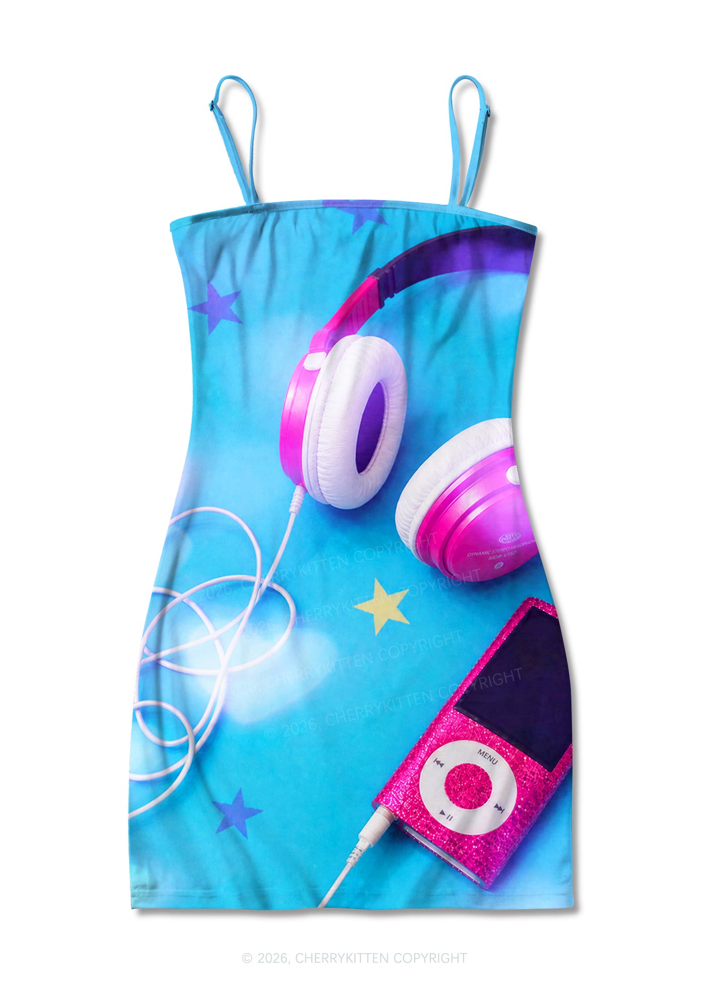 Retro Pink Headphone Y2K Print Slip Dress Cherrykitten
