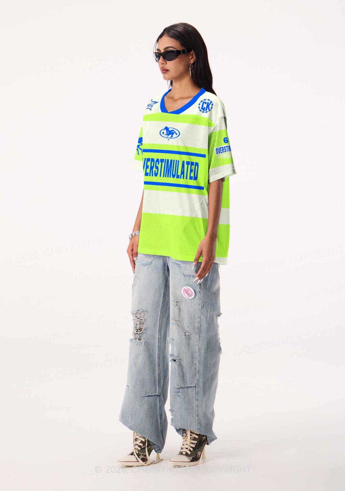 Overstimulated Green Stripes Y2K Sport Jersey Shirts Cherrykitten