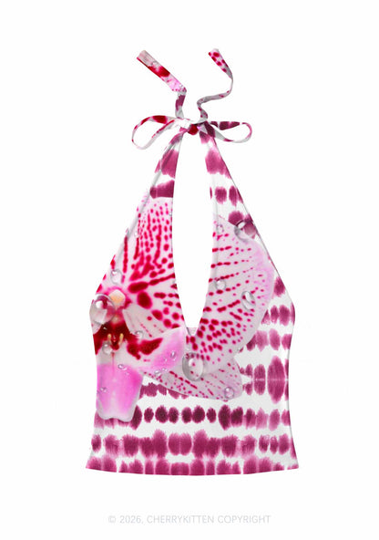 Pink Orchid Dewdrops Y2K Print Halter Deep V Neck Cami Cherrykitten