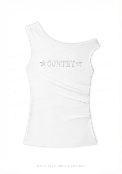 Rhinestone Cuntry Y2K Off Shoulder Tank Top Cherrykitten