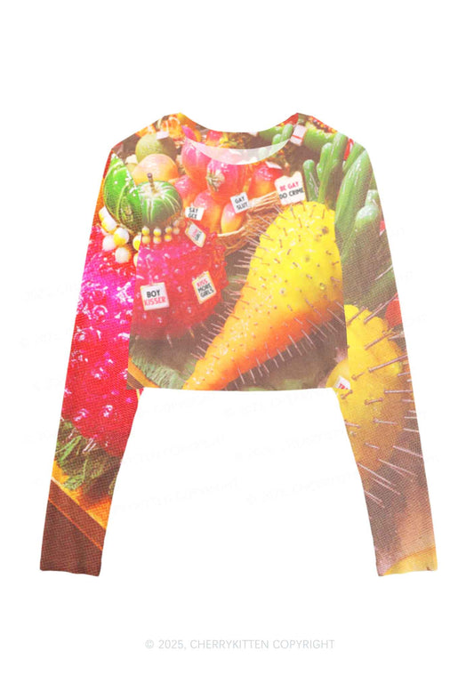 Various Fruits Pride Y2K Mesh Long Sleeve Crop Top Cherrykitten