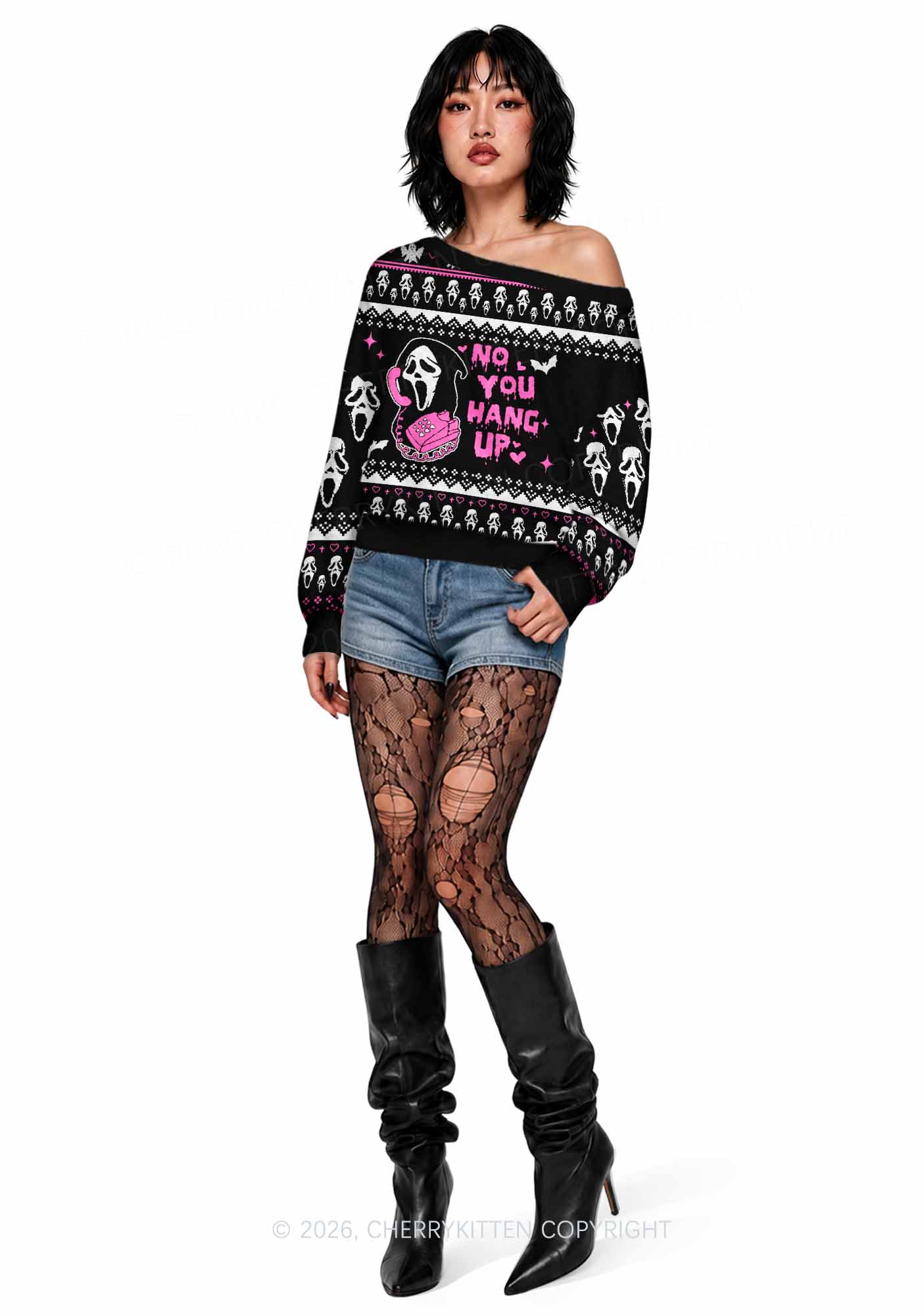 Halloween No You Hang Up Y2K Off Shoulder Knit Sweatshirt Cherrykitten