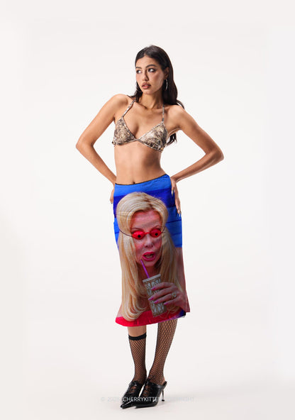 Red Eyeball Blonde Y2K Print Midi Skirt Cherrykitten