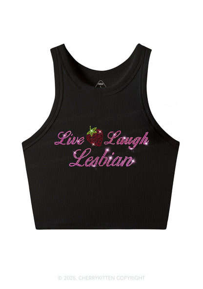 Rhinestone Live Laugh Lesbian Strawberry Pride Y2K Crop Tank Top Cherrykitten