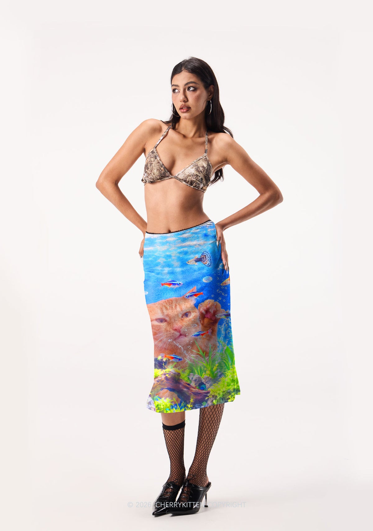 Cat Inside Aquarium Y2K Print Midi Skirt Cherrykitten