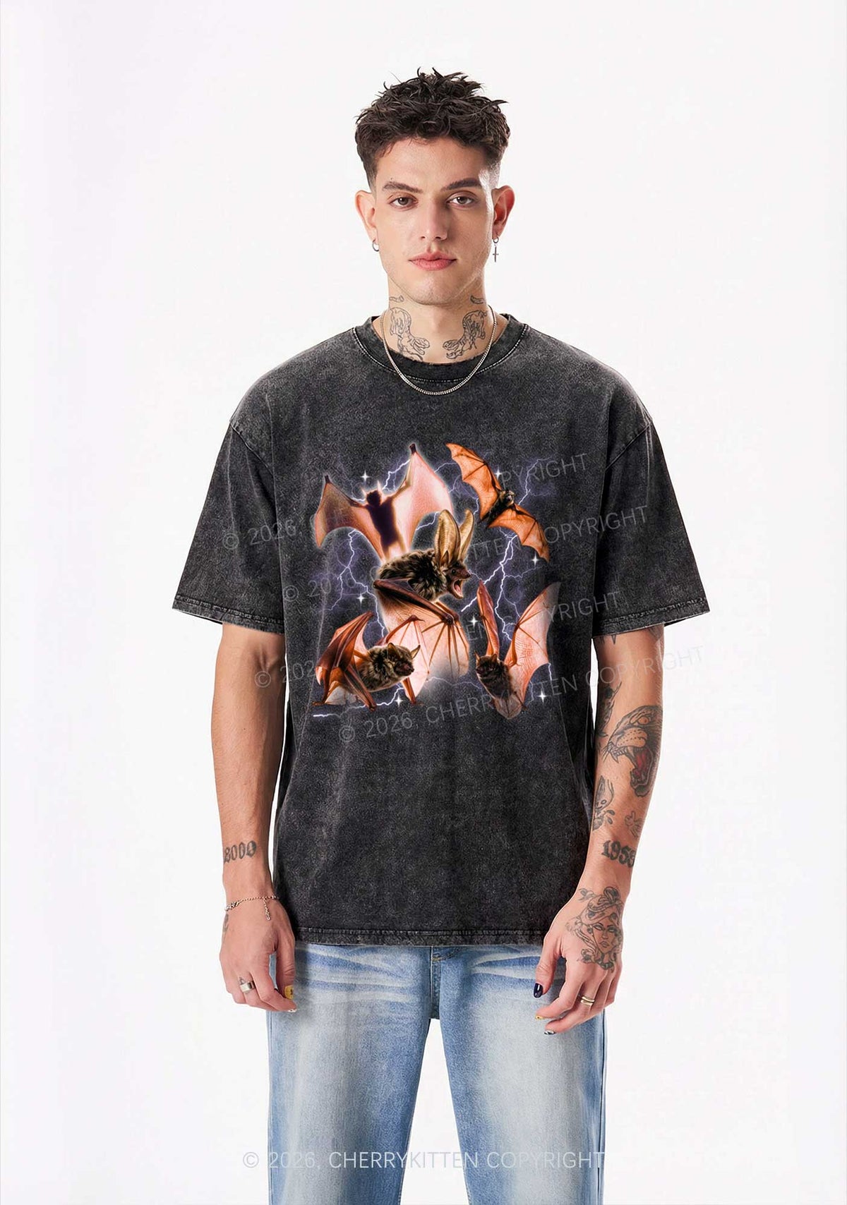 Halloween Bat In Lightning Y2K Shirts Washed Tee Cherrykitten