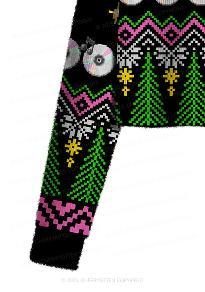 Ride A DJ Y2K Christmas Crop Knit Sweatshirt Cherrykitten