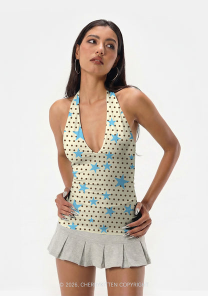 Dots With Blue Star Y2K Print Halter Deep V Neck Cami Cherrykitten
