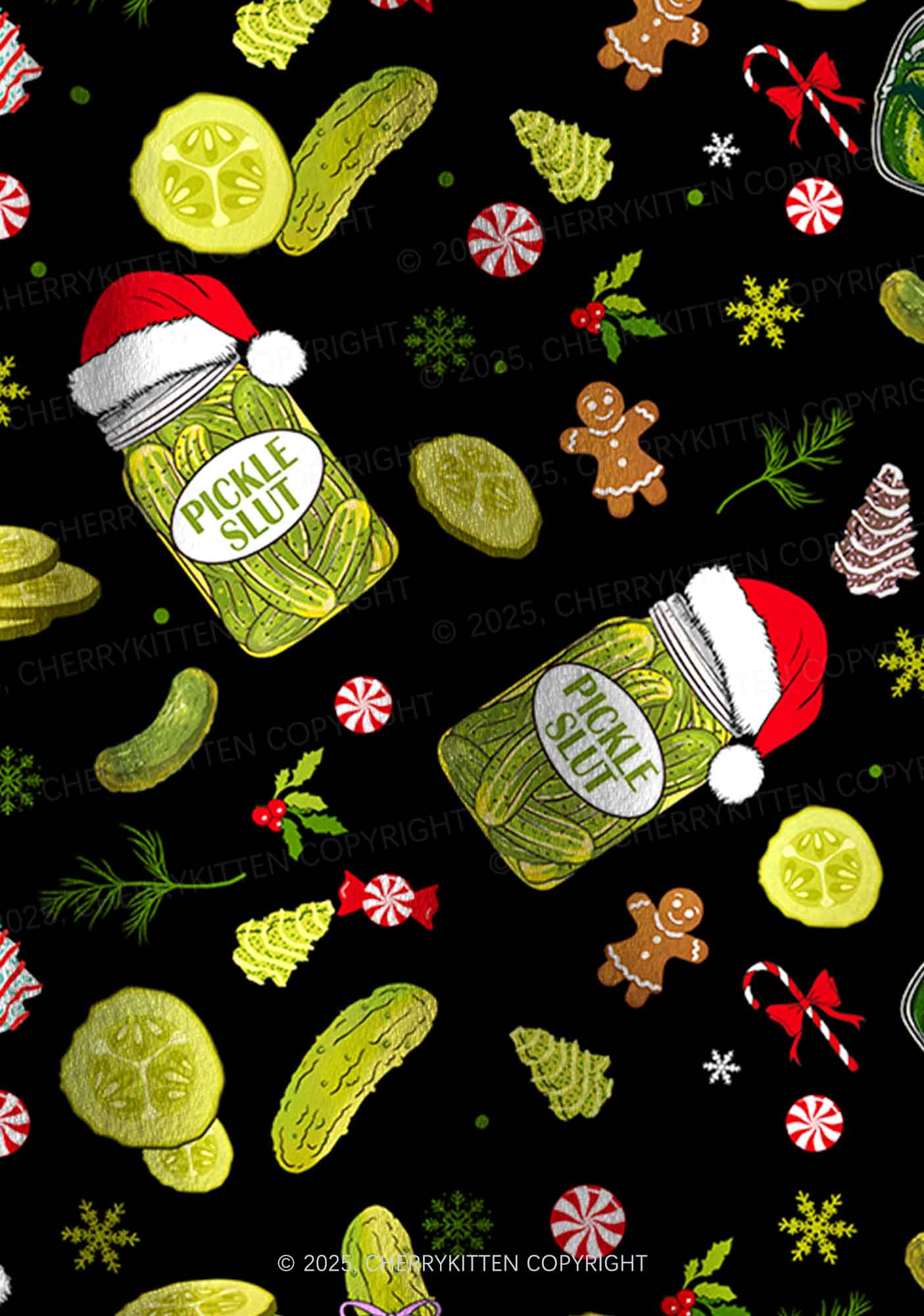 Christmas Black Santa Pickle Y2K Fleece Long Sleeve Pajama Set Cherrykitten