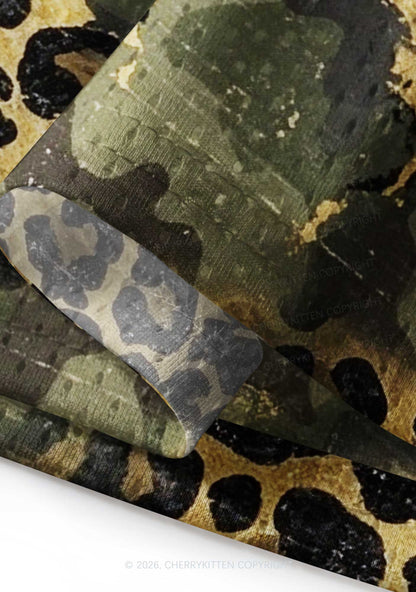 Green Camouflage And Leopard Y2K Sport Jersey Drawstring Midi Skirt Cherrykitten