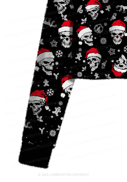 Skull Santa Y2K Christmas Crop Knit Sweatshirt Cherrykitten