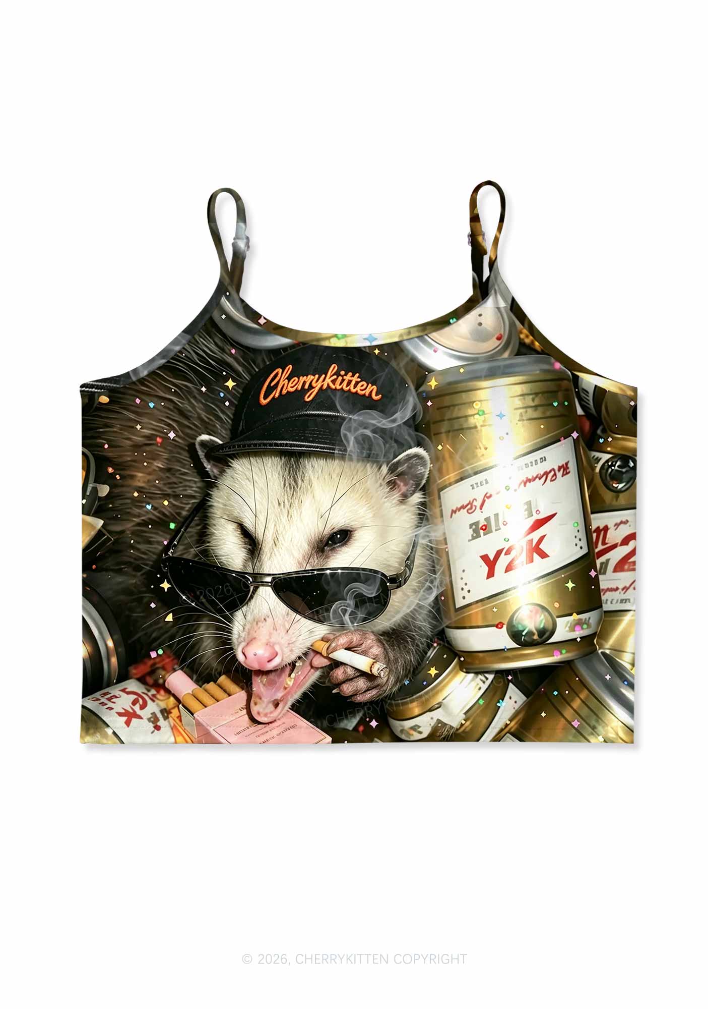 Smoking Opossum Y2K Print Cami Crop Top Cherrykitten