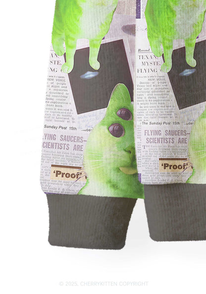 Grey Alien Kitten Y2K Christmas Cardigan Knit Sweatshirt Cherrykitten