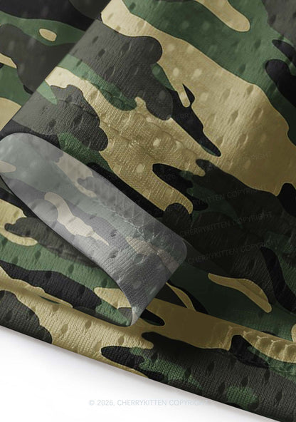 Classic Green Camo Y2K Sport Jersey Drawstring Midi Skirt Cherrykitten