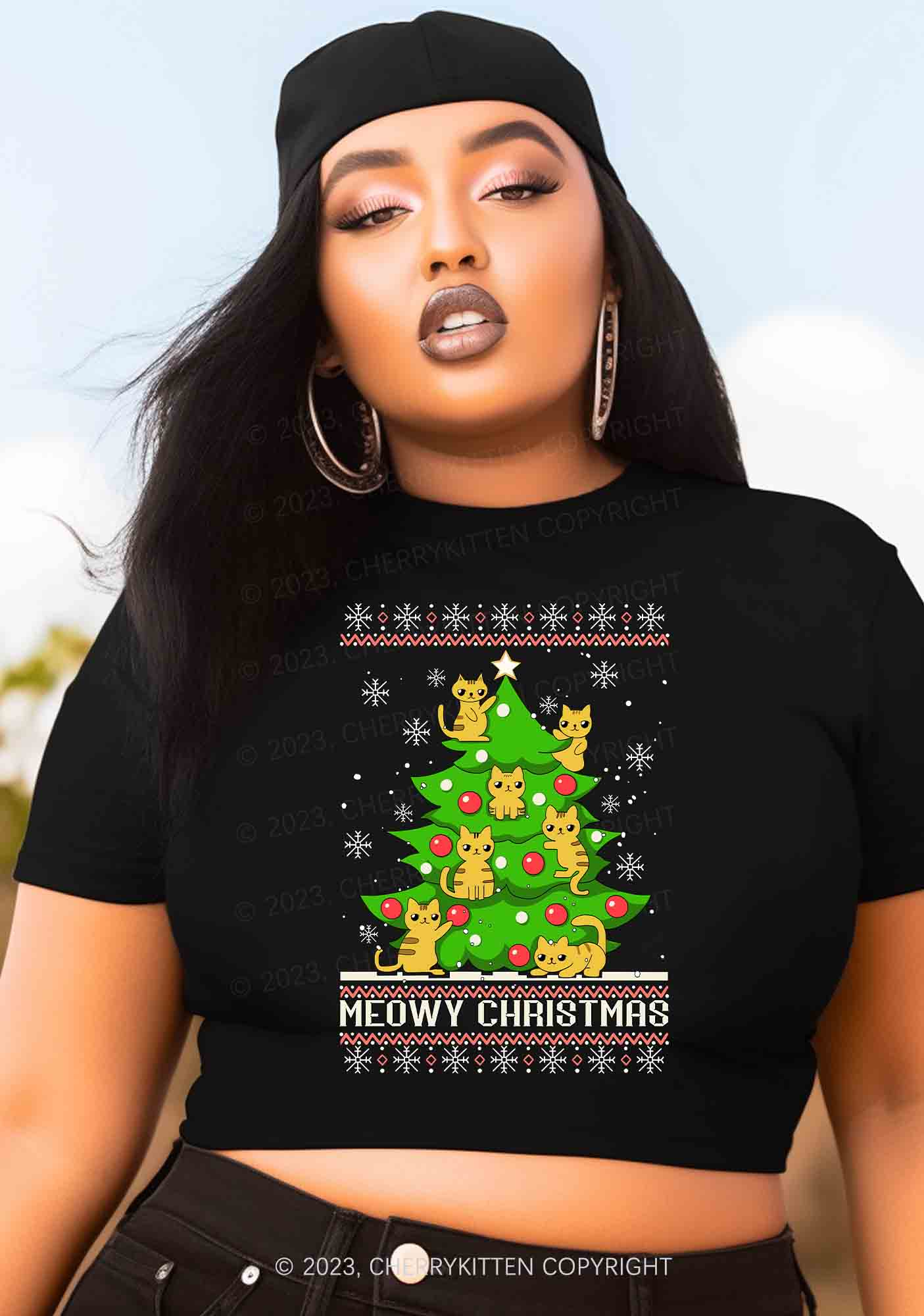 Snowflake Meowy Christmas Tree Y2K Baby Tee Cherrykitten