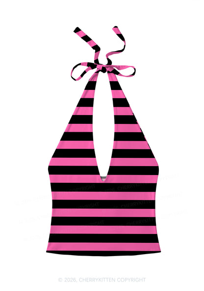 Pink And Black Stripes Y2K Print Halter Deep V Neck Cami Cherrykitten