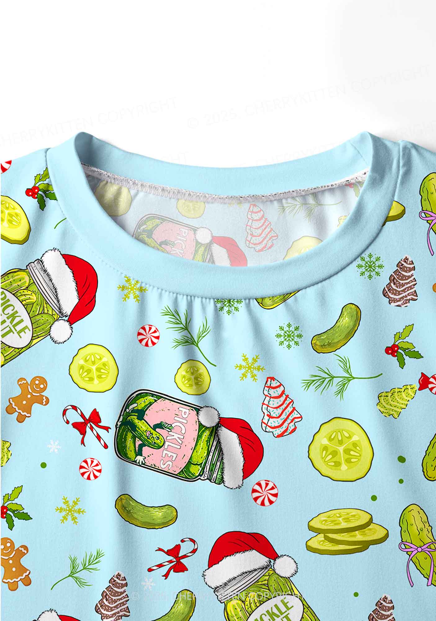 Christmas Green Santa Hat Pickle Y2K Print Long Sleeve Pajama Set Cherrykitten