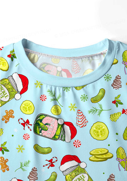 Christmas Green Santa Hat Pickle Y2K Print Long Sleeve Pajama Set Cherrykitten