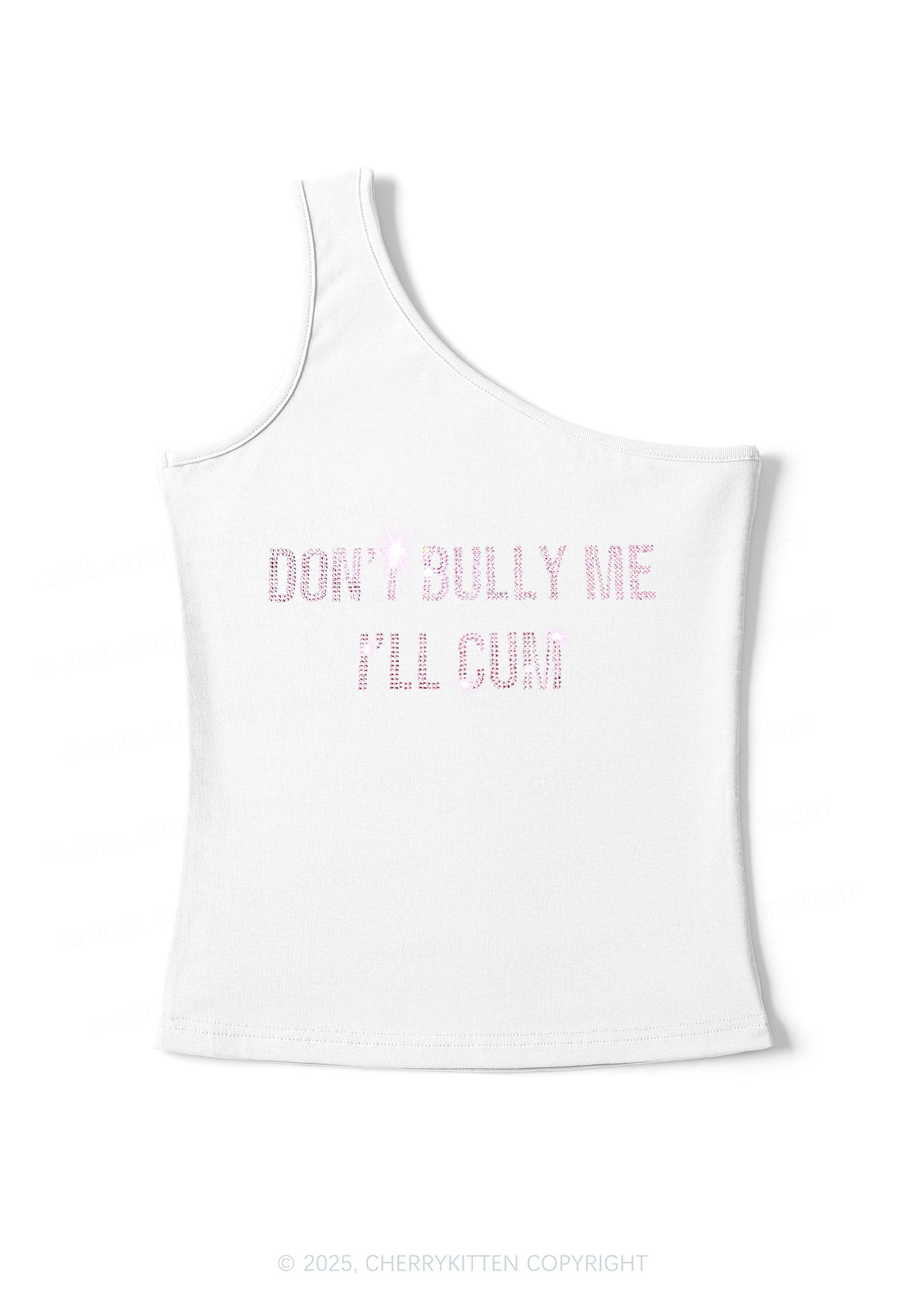 Rhinestone Dont Bully Me Y2K One Shoulder Tank Top Cherrykitten