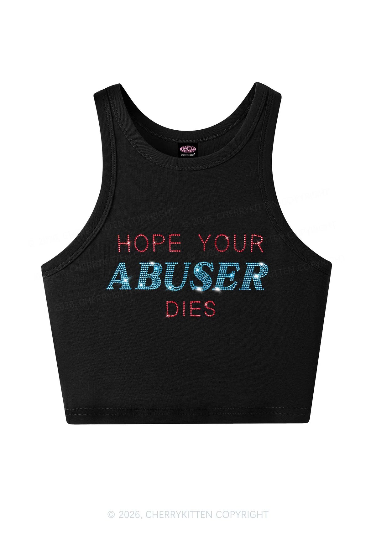 Rhinestone Hope Your Abuser Dies Y2K Crop Tank Top Cherrykitten