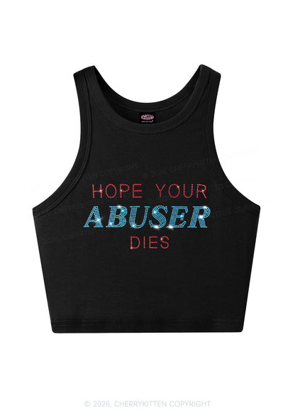 Rhinestone Hope Your Abuser Dies Y2K Crop Tank Top Cherrykitten