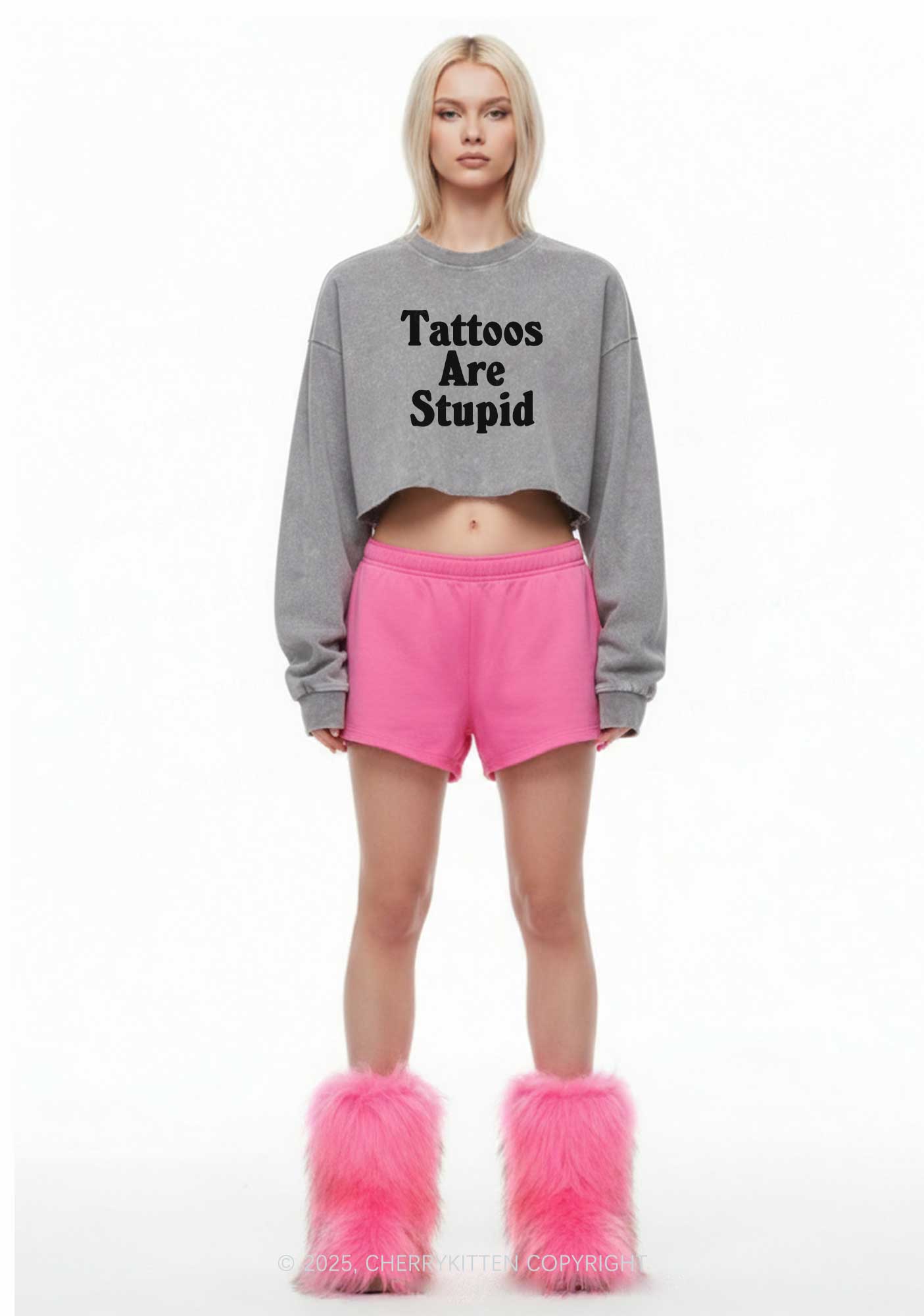 Tattoos Are Stupid Y2K Crop Washed Sweatshirts Cherrykitten