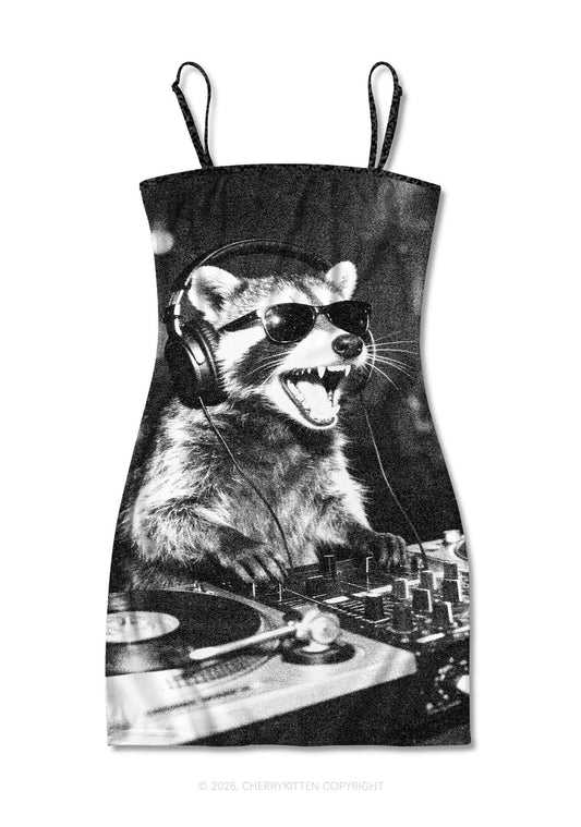 DJ Raccoon Turntable Y2K Print Slip Dress Cherrykitten