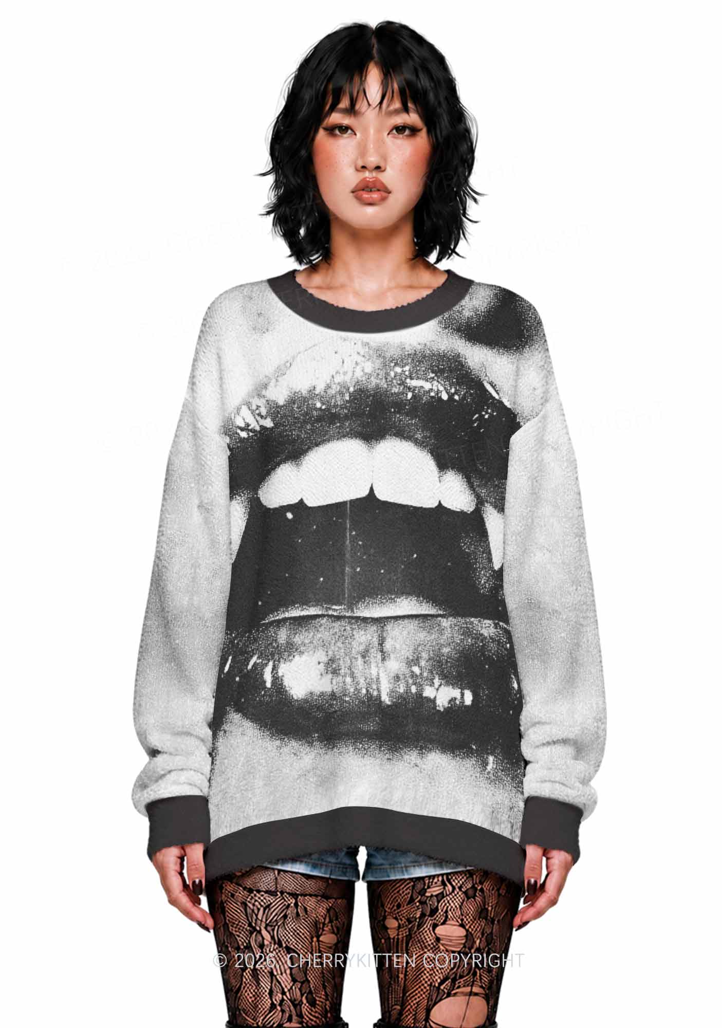 Halloween Vampire Lips Y2K Knit Sweatshirt Cherrykitten