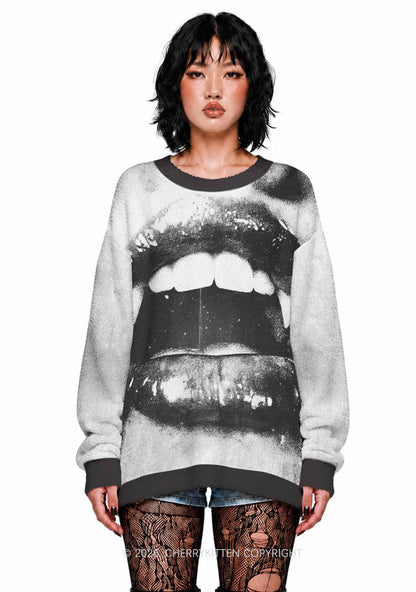 Halloween Vampire Lips Y2K Knit Sweatshirt Cherrykitten