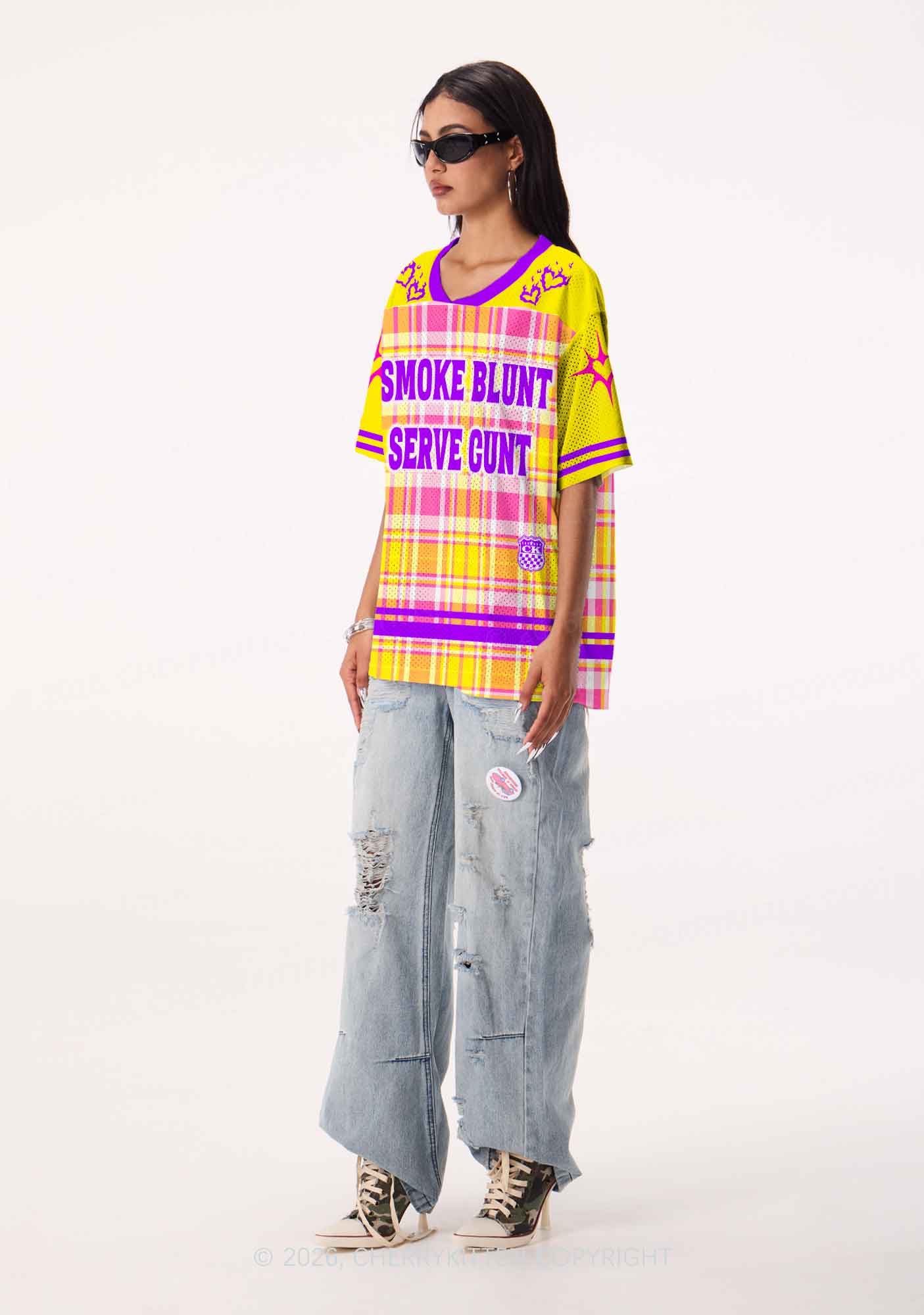 Smoke Blunt Yellow Plaid Y2K Sport Jersey Shirts Cherrykitten