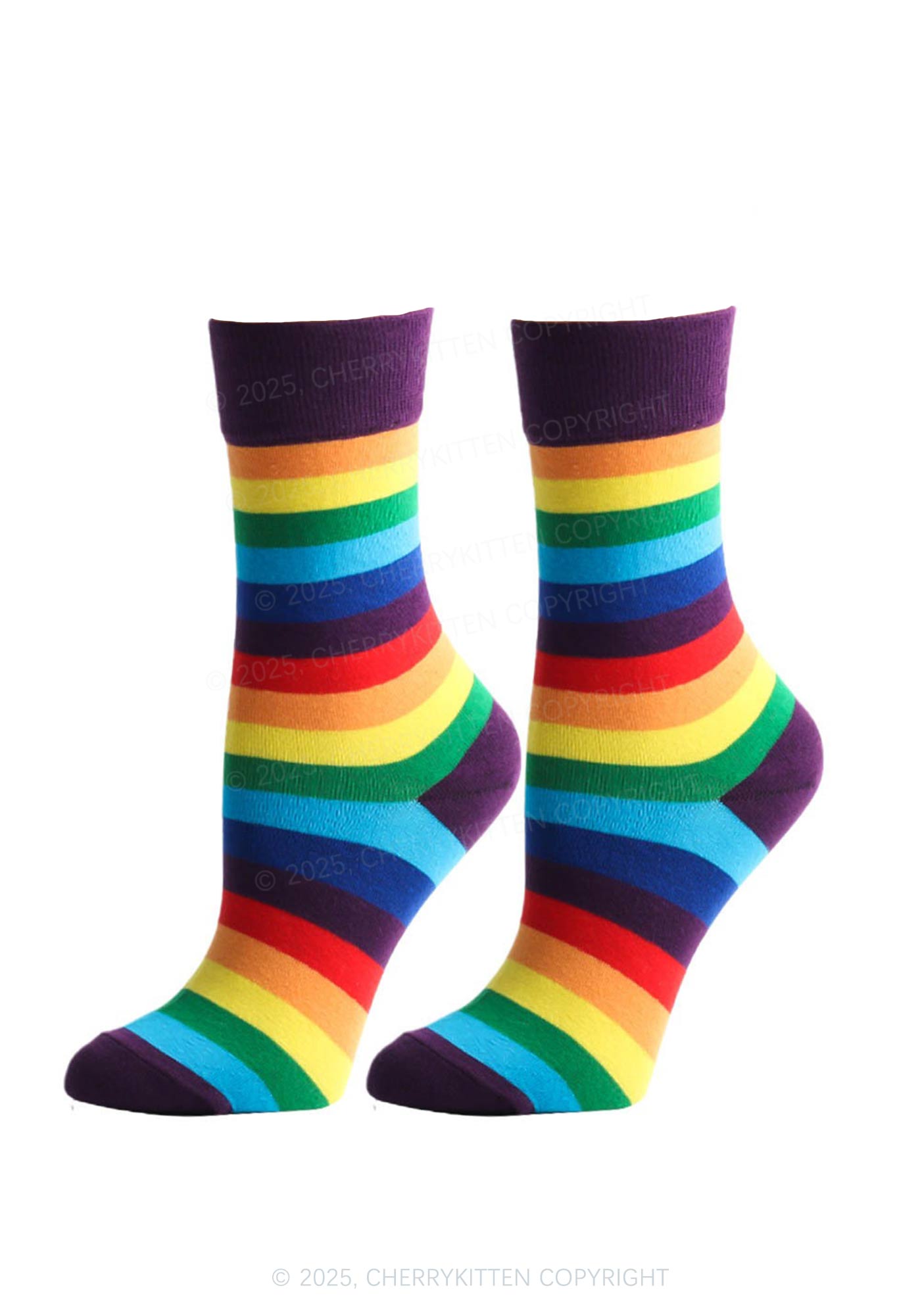 Rainbow Striped Pride Y2K Mid Calf Socks Cherrykitten