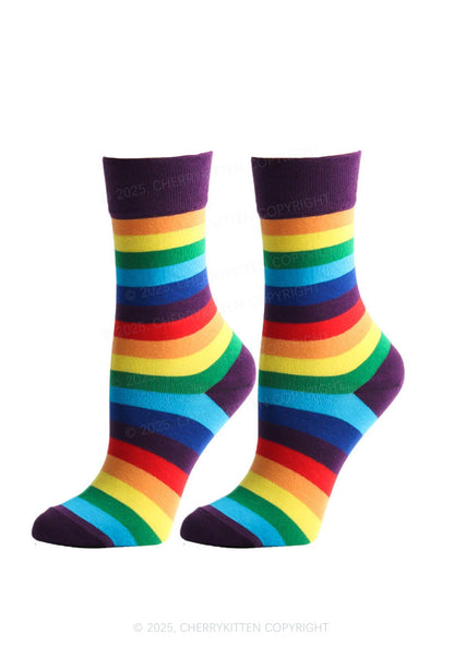 Rainbow Striped Pride Y2K Mid Calf Socks Cherrykitten