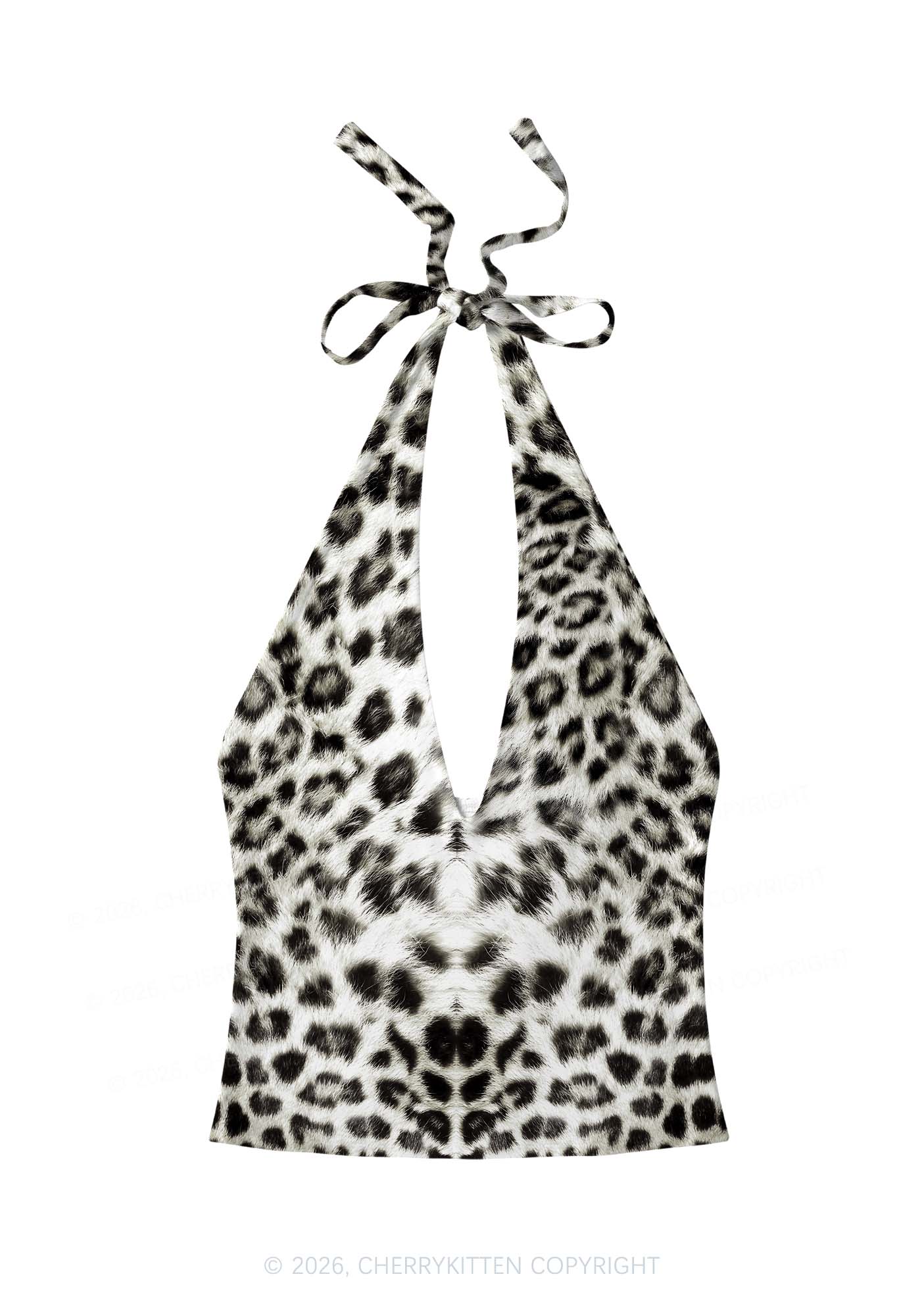 Snow Leopard Y2K Print Halter Deep V Neck Cami Cherrykitten