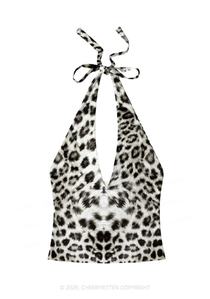 Snow Leopard Y2K Print Halter Deep V Neck Cami Cherrykitten