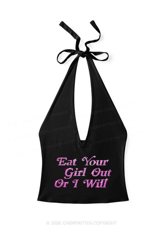 Rhinestone Eat Your Girl Out Y2K Halter Deep V Neck Cami Cherrykitten