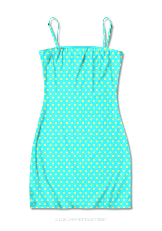 Yellow Dots On Green Y2K Print Slip Dress Cherrykitten