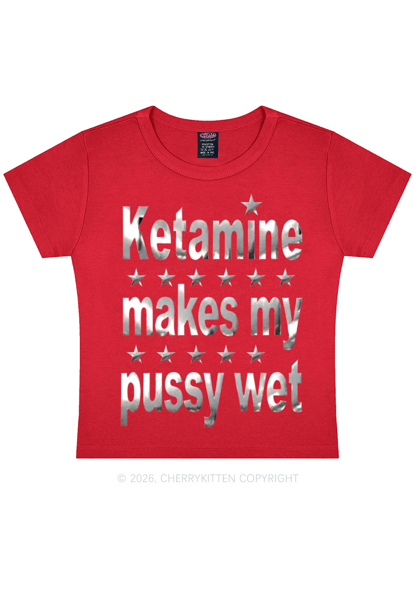K Makes My Puxxy Wet Silver Foil Printed Y2K Baby Tee Cherrykitten
