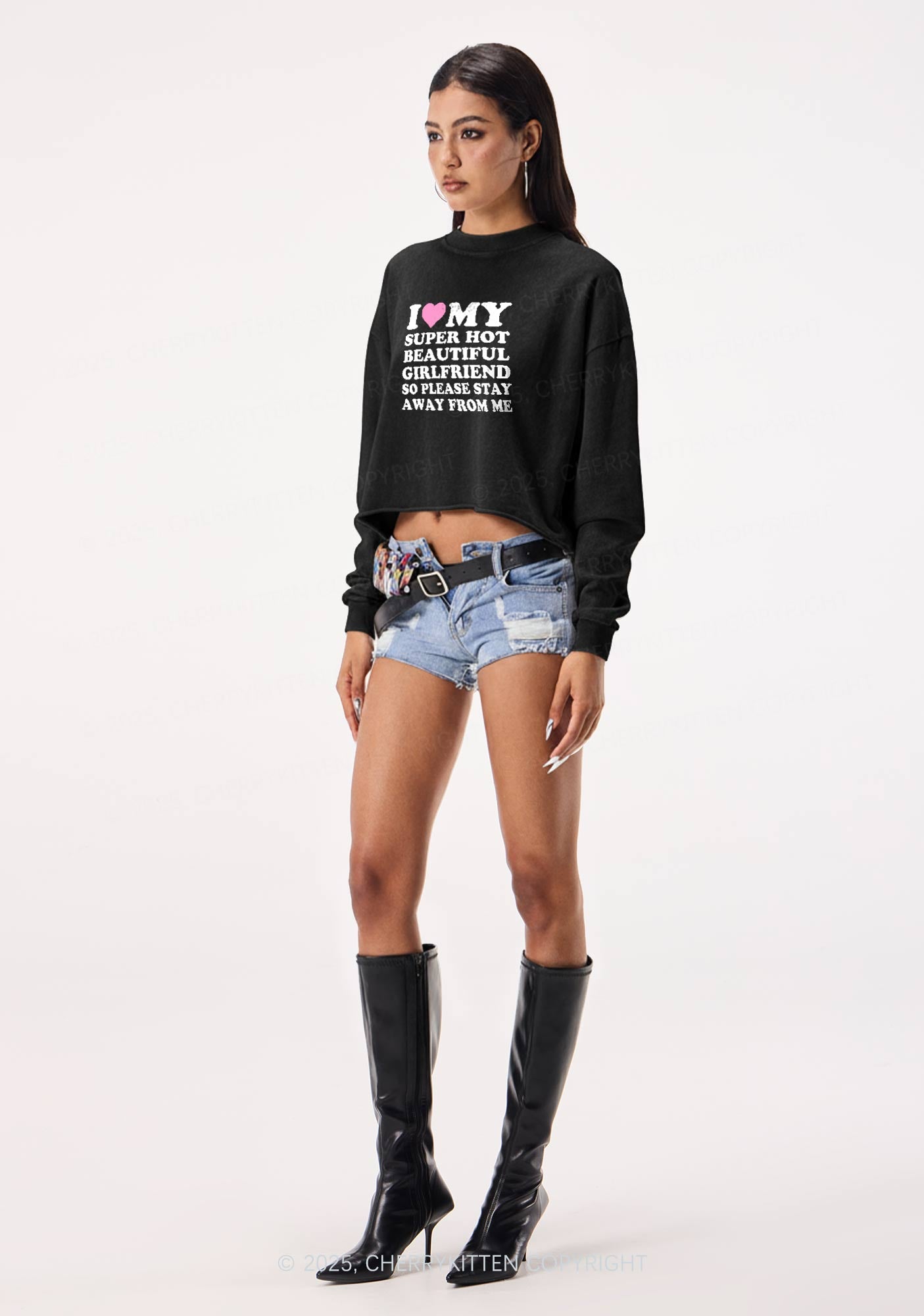 Love My Hot Girlfriend Y2K Crop Washed Sweatshirts Cherrykitten