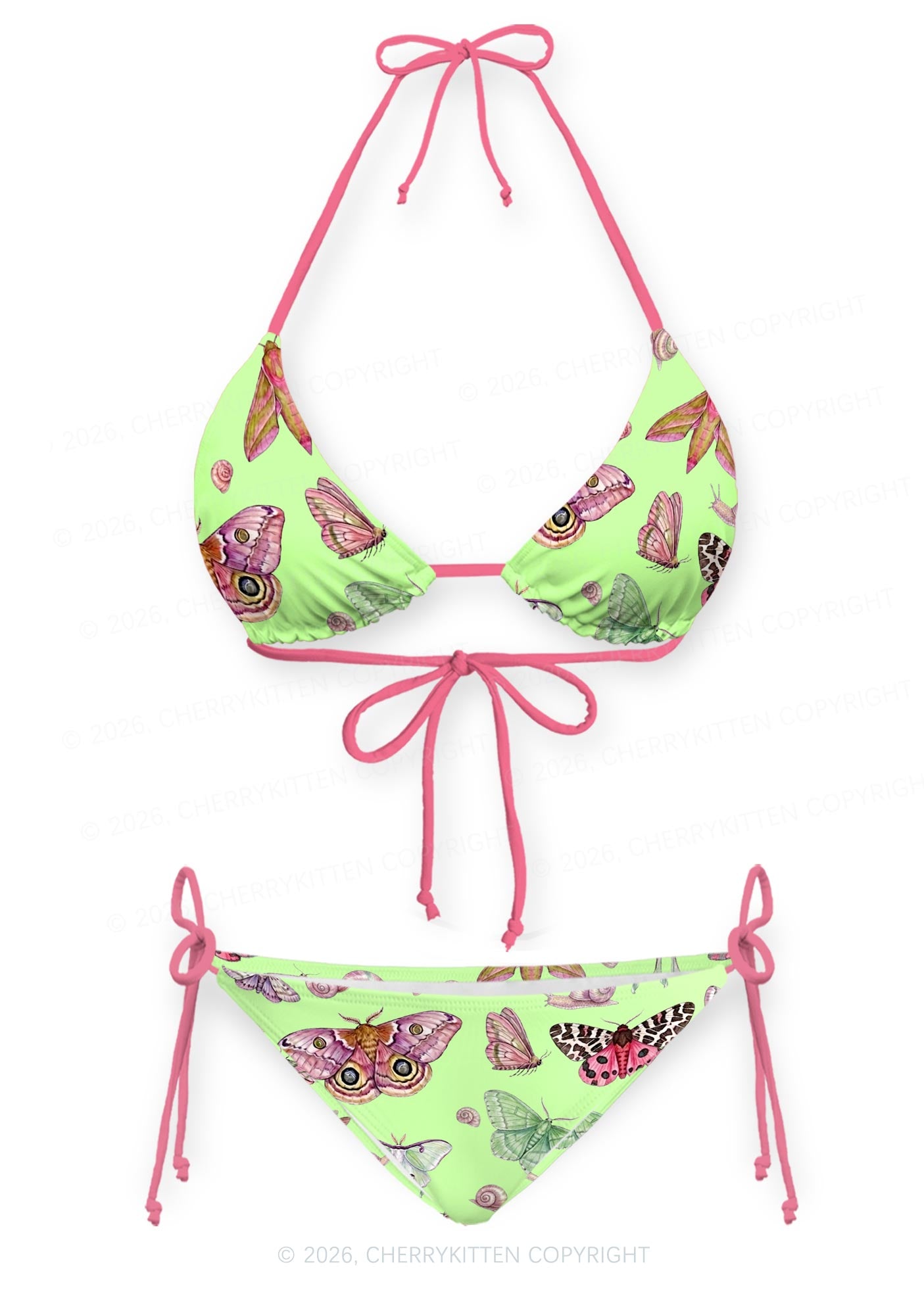 Lime Green Moth Snail Y2K Print Bikini Set Cherrykitten